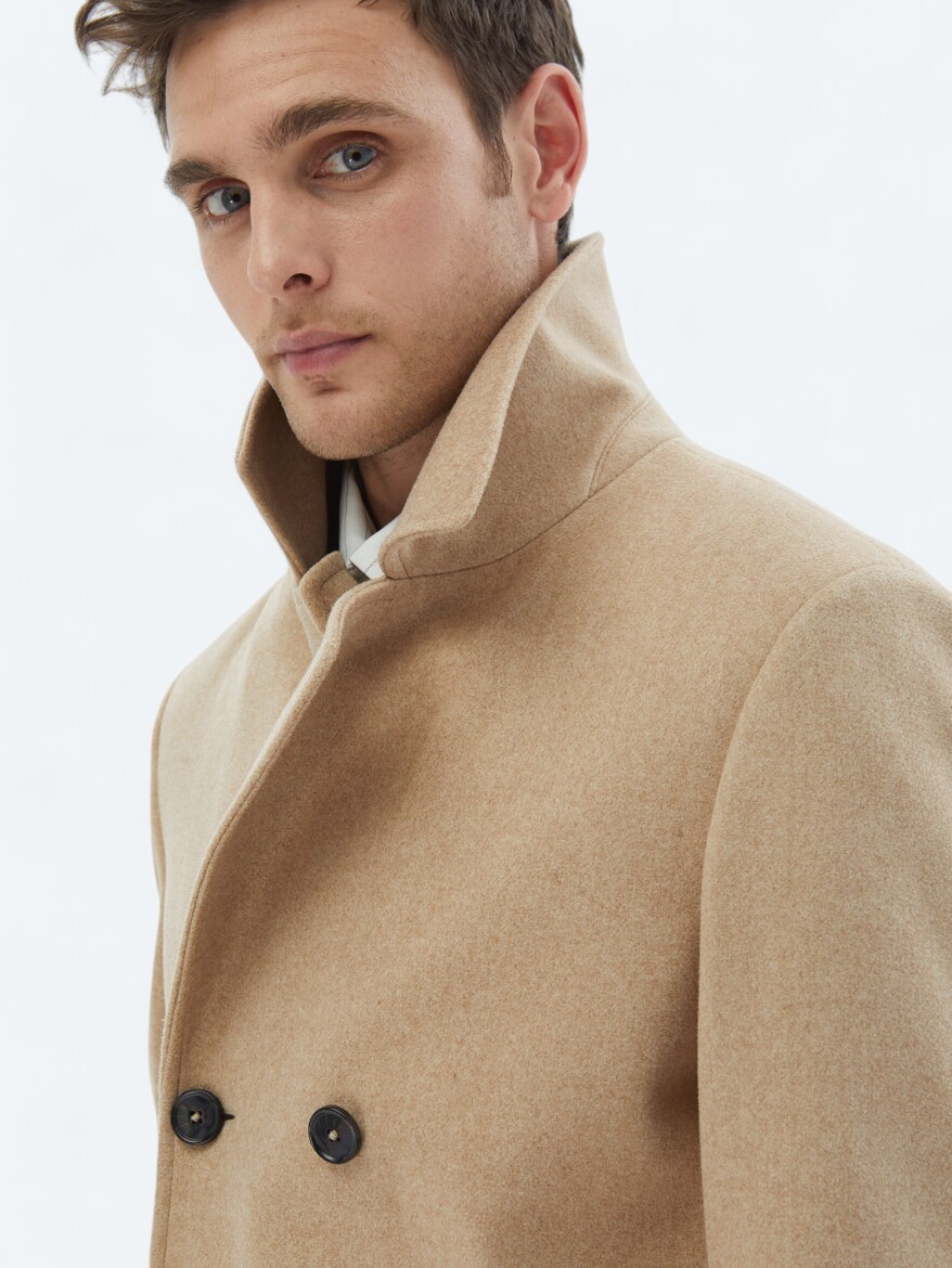 Deve Tüyü Regular Fit Kruvaze Yaka Casual Örme Kaban - 5