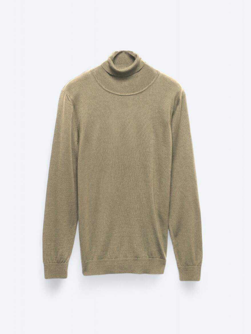 Deve Tüyü Tam Balıkçı Yaka Düz Örgü Yün Karışımlı Triko Kazak - 7