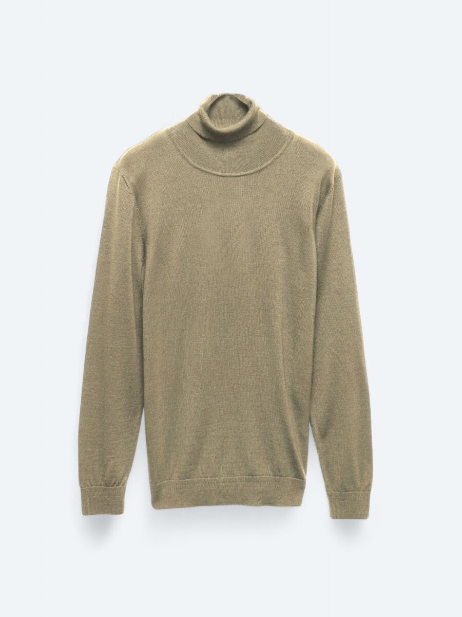 Deve Tüyü Tam Balıkçı Yaka Düz Örgü Yün Karışımlı Triko Kazak - 7