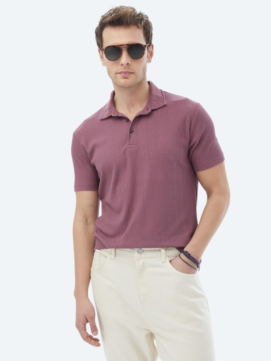 Dusty Rose Color Jacquard Polo Neck Cotton Blended T-Shirt - 1