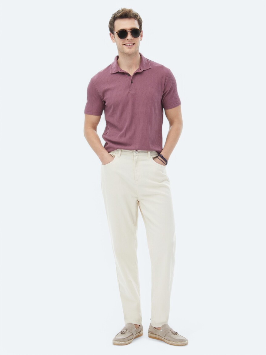 Dusty Rose Color Jacquard Polo Neck Cotton Blended T-Shirt - 2