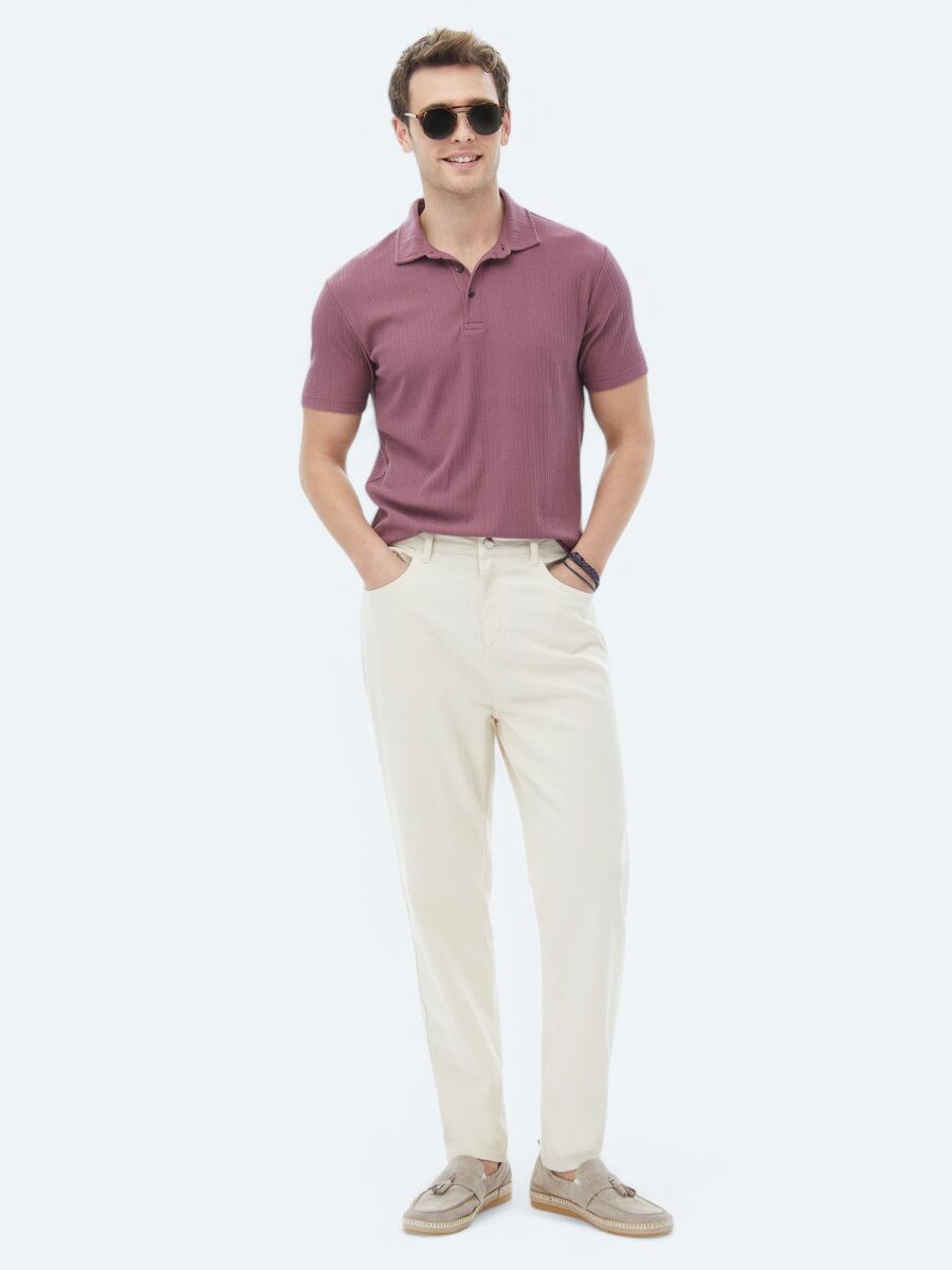 Dusty Rose Color Jacquard Polo Neck Cotton Blended T-Shirt - 2