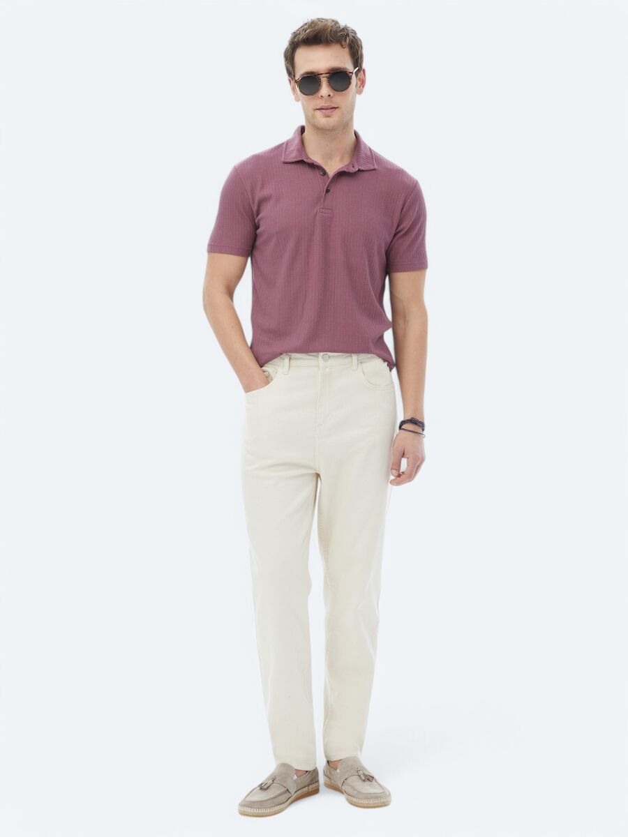 Dusty Rose Color Jacquard Polo Neck Cotton Blended T-Shirt - 4