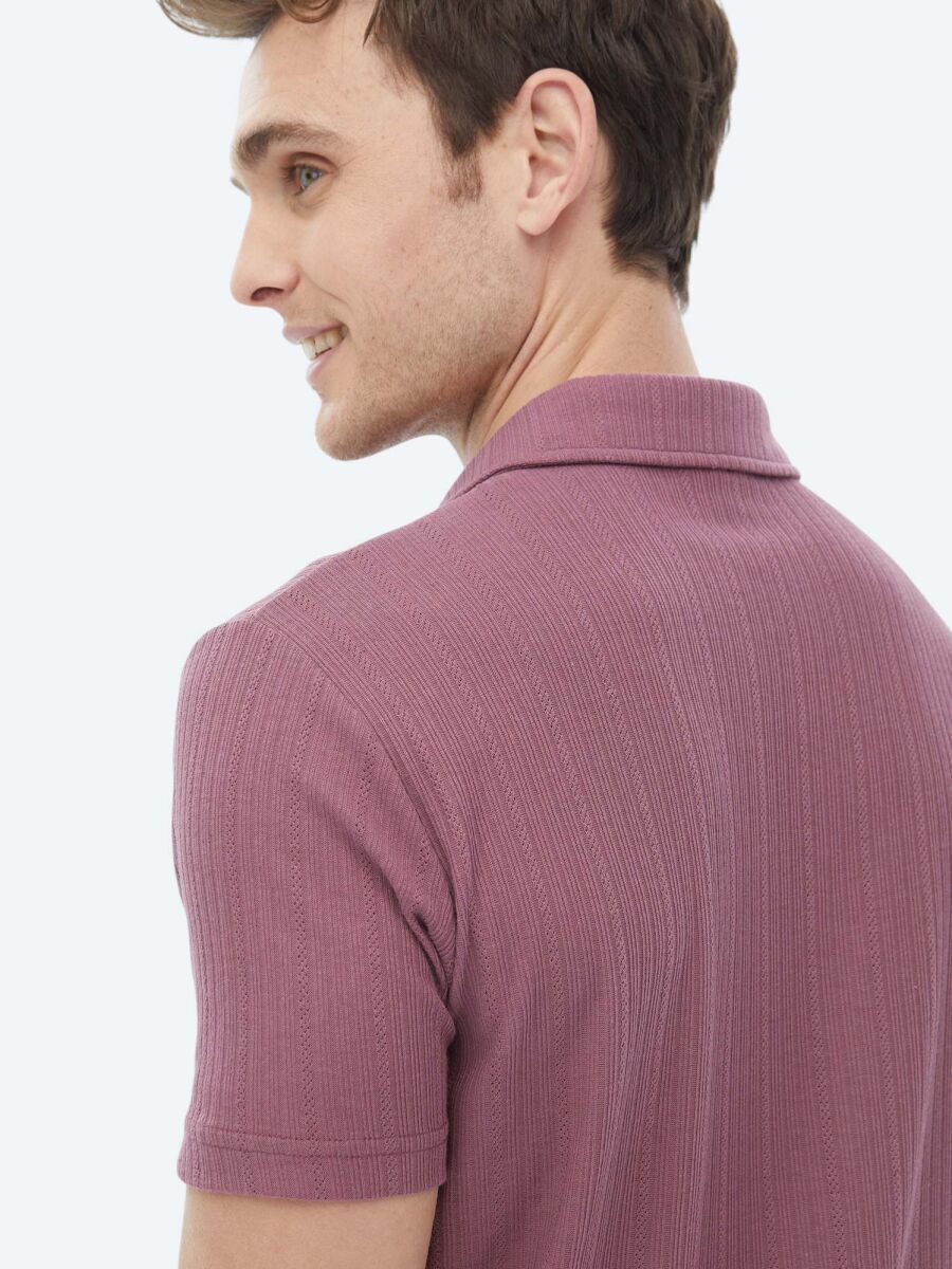 Dusty Rose Color Jacquard Polo Neck Cotton Blended T-Shirt - 6