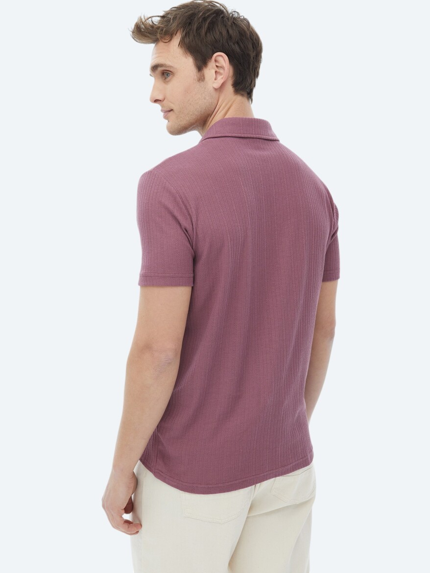Dusty Rose Color Jacquard Polo Neck Cotton Blended T-Shirt - 7