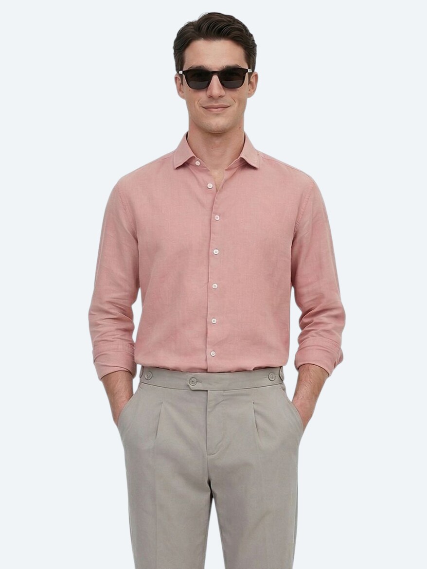 Dusty Rose Color Plain Regular Fit Long Weaving Casual Cotton Blended Shirt - KİP