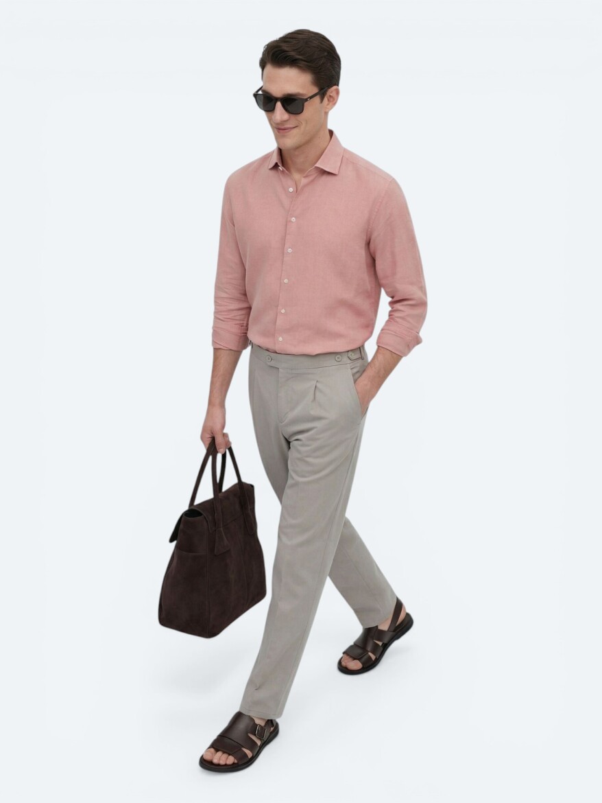 Dusty Rose Color Plain Regular Fit Long Weaving Casual Cotton Blended Shirt - KİP