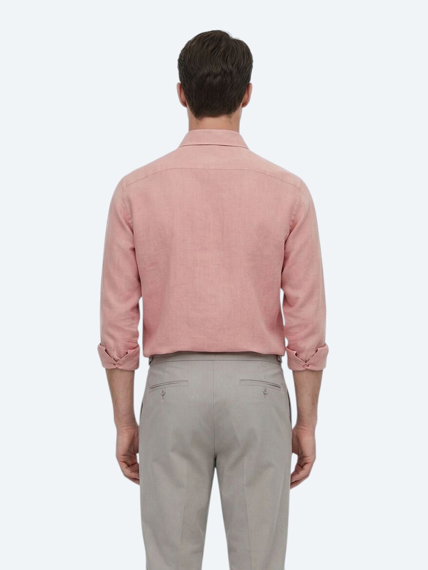 Dusty Rose Color Plain Regular Fit Long Weaving Casual Cotton Blended Shirt - 5