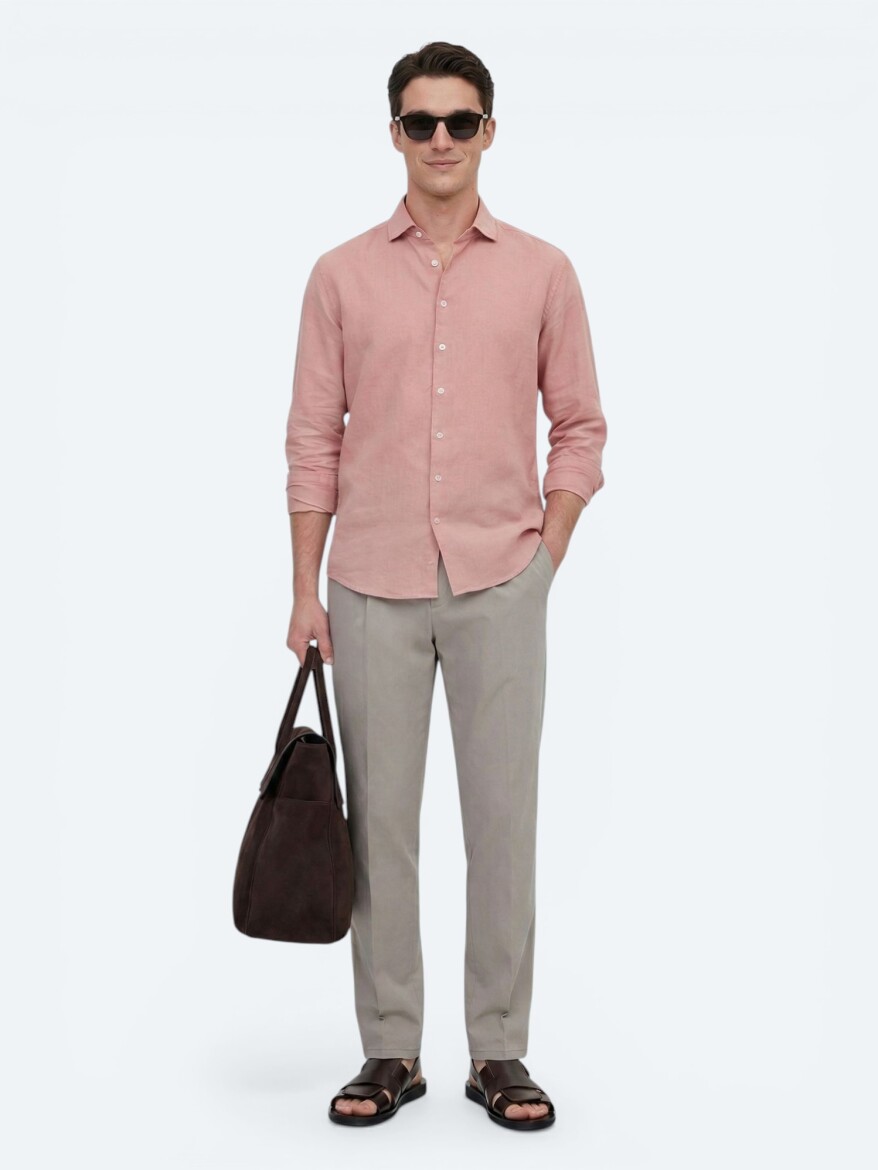 Dusty Rose Color Plain Regular Fit Long Weaving Casual Cotton Blended Shirt - 3
