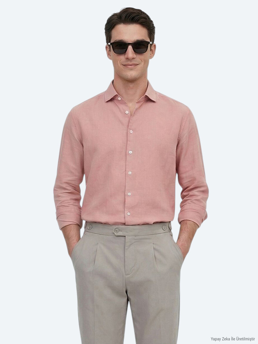 Dusty Rose Color Plain Regular Fit Long Weaving Casual Cotton Blended Shirt 