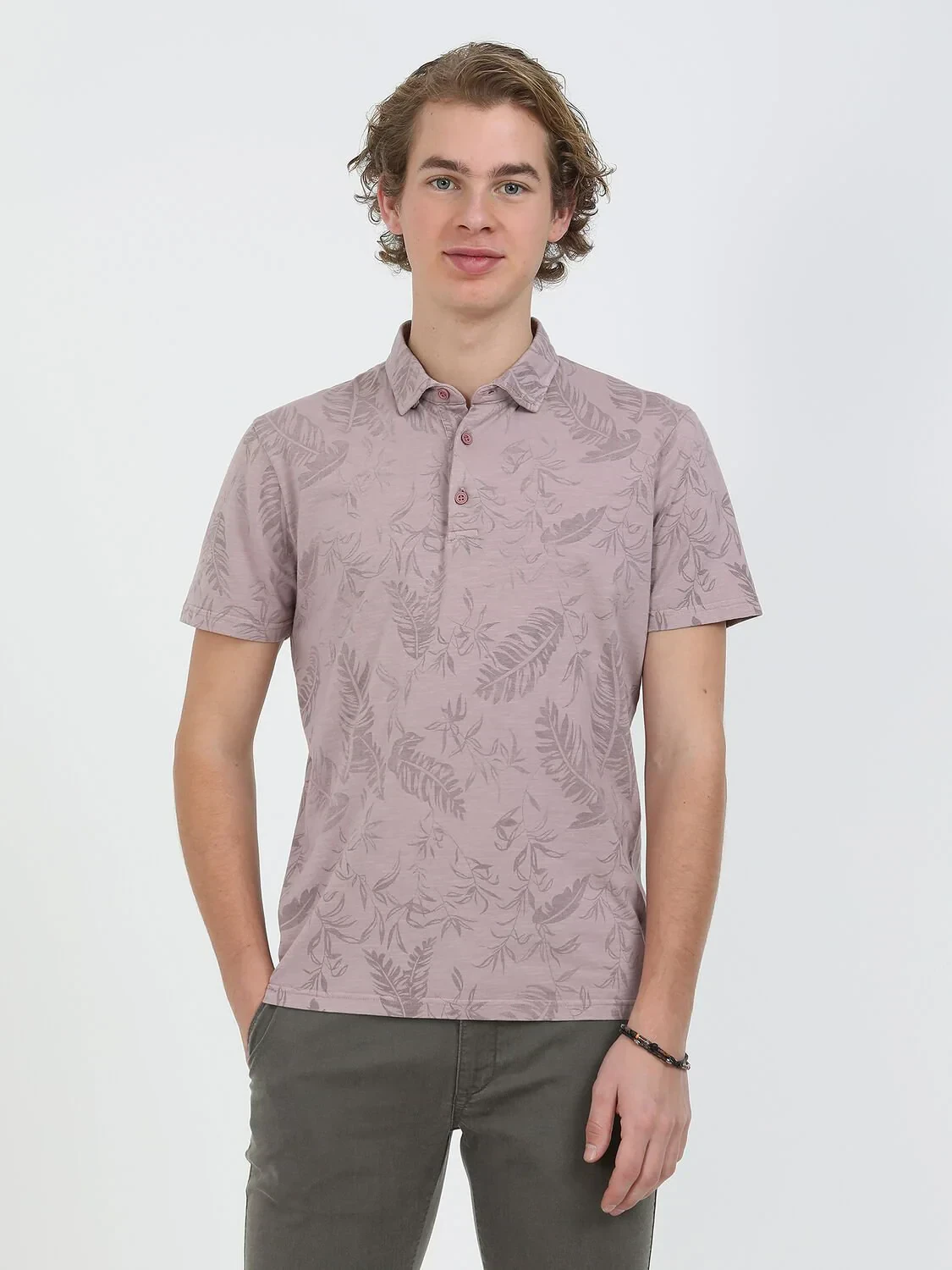 Dusty Rose Color Printed Polo Neck 100% Cotton T-Shirt - 1