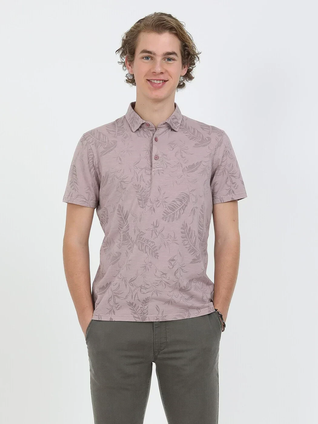 Dusty Rose Color Printed Polo Neck 100% Cotton T-Shirt - 2