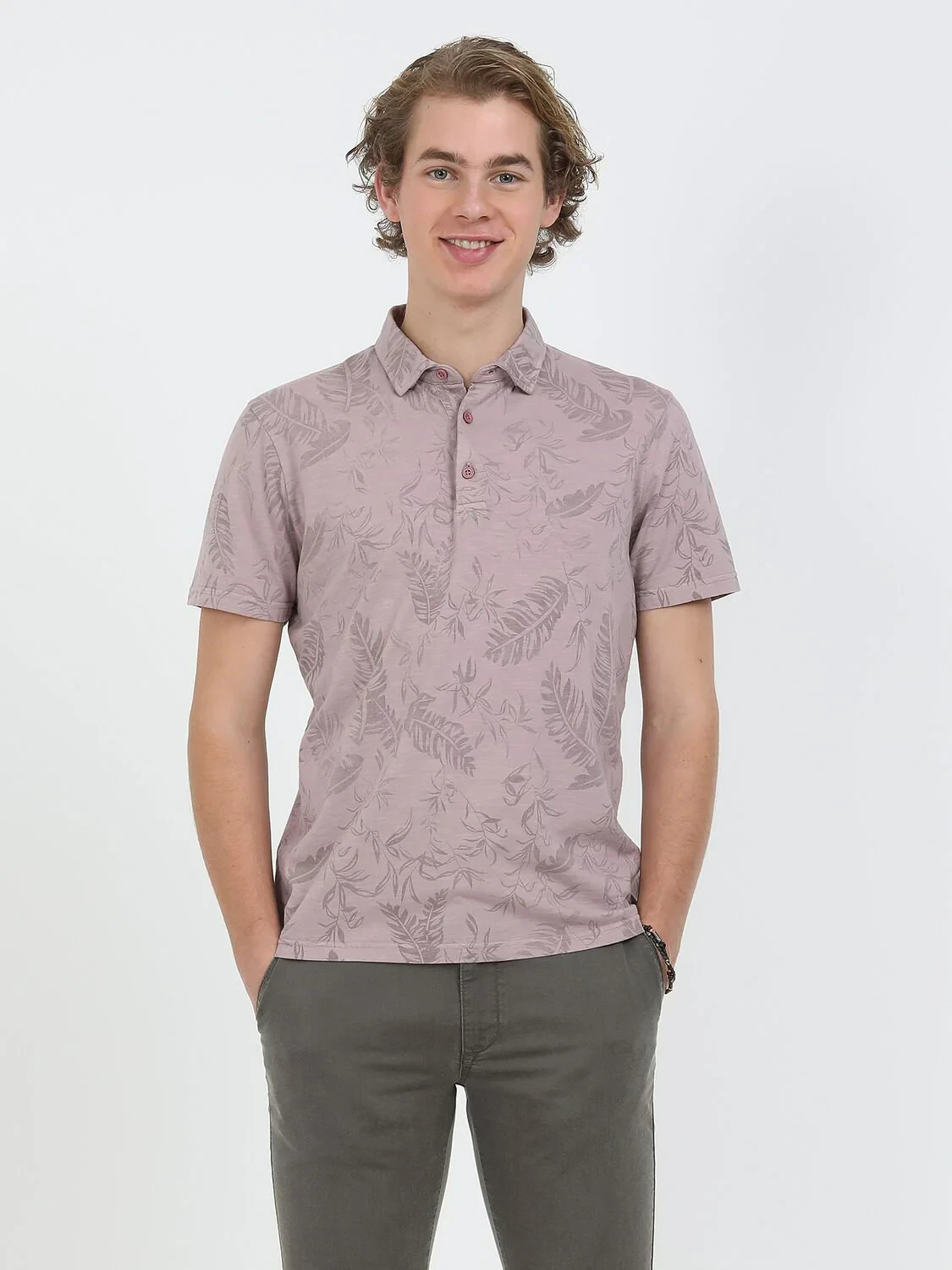 Dusty Rose Color Printed Polo Neck 100% Cotton T-Shirt - 2