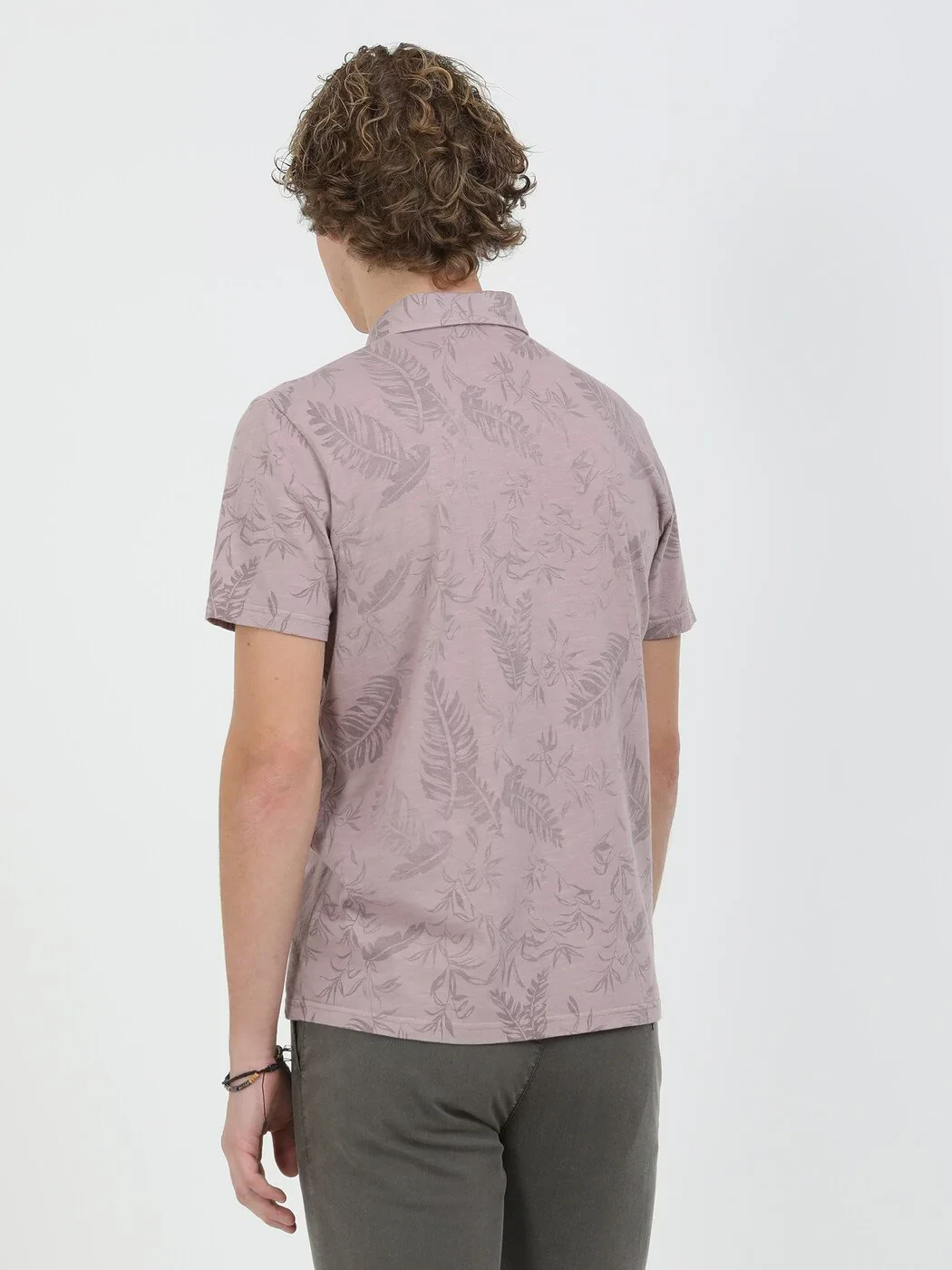 Dusty Rose Color Printed Polo Neck 100% Cotton T-Shirt - 5