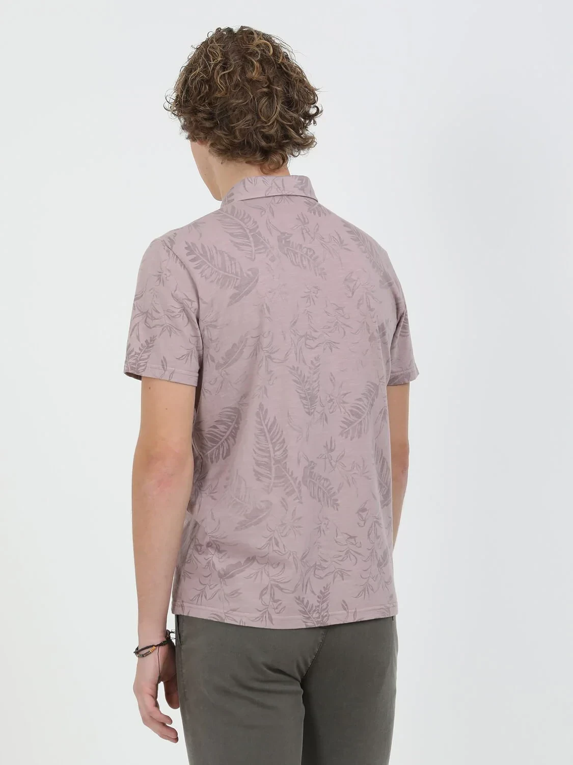 Dusty Rose Color Printed Polo Neck 100% Cotton T-Shirt - 5