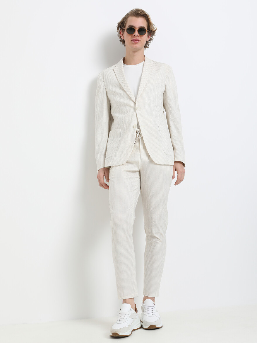 Ecru Checkered Modern Fit Linen Blended Suit - 1