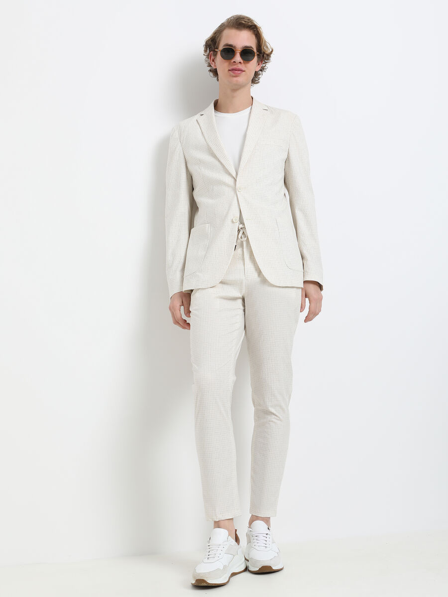 Ecru Checkered Modern Fit Linen Blended Suit - 1