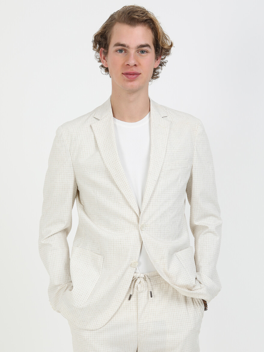 Ecru Checkered Modern Fit Linen Blended Suit - 3