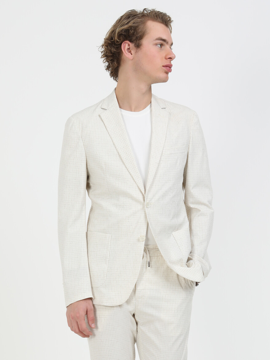 Ecru Checkered Modern Fit Linen Blended Suit - 4