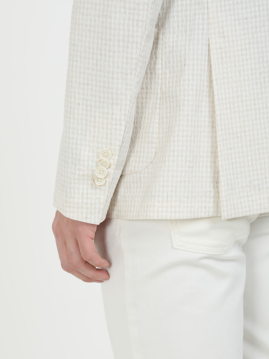 Ecru Checkered Modern Fit Linen Blended Suit - 5