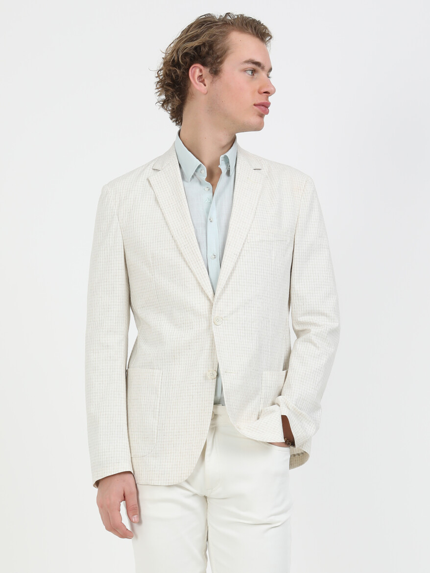 Ecru Checkered Modern Fit Linen Blended Suit - 7