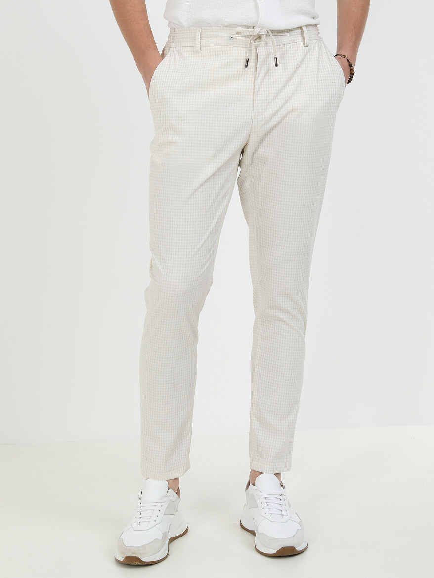 Ecru Checkered Modern Fit Linen Blended Suit - 9