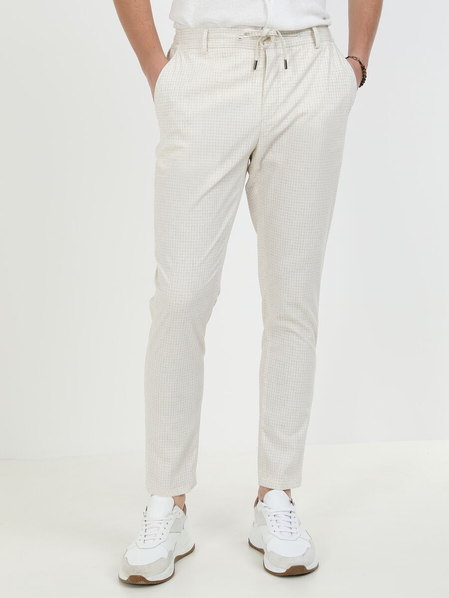 Ecru Checkered Modern Fit Linen Blended Suit - 9