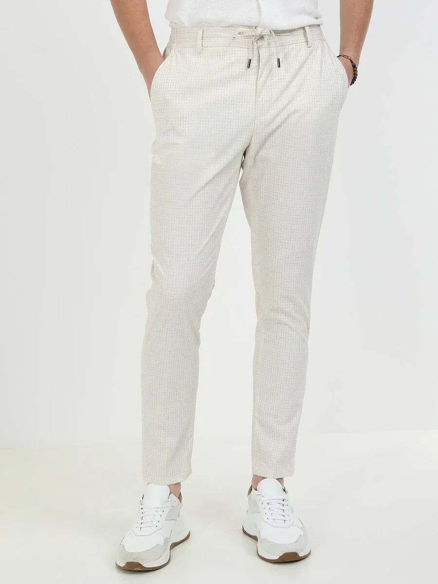 Ecru Checkered Modern Fit Linen Blended Suit - 9