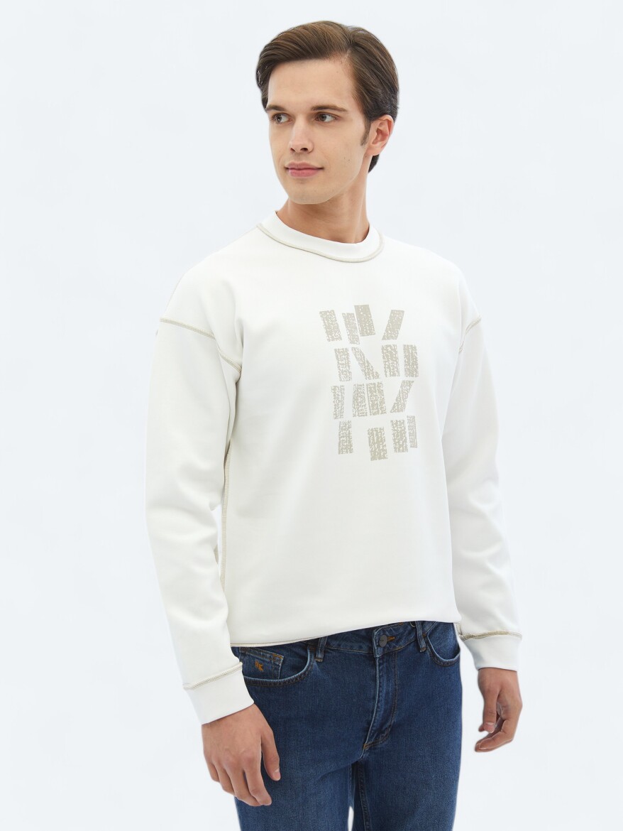 Ecru Crew Neck Printed Double-Sided Sweatshirt - 1
