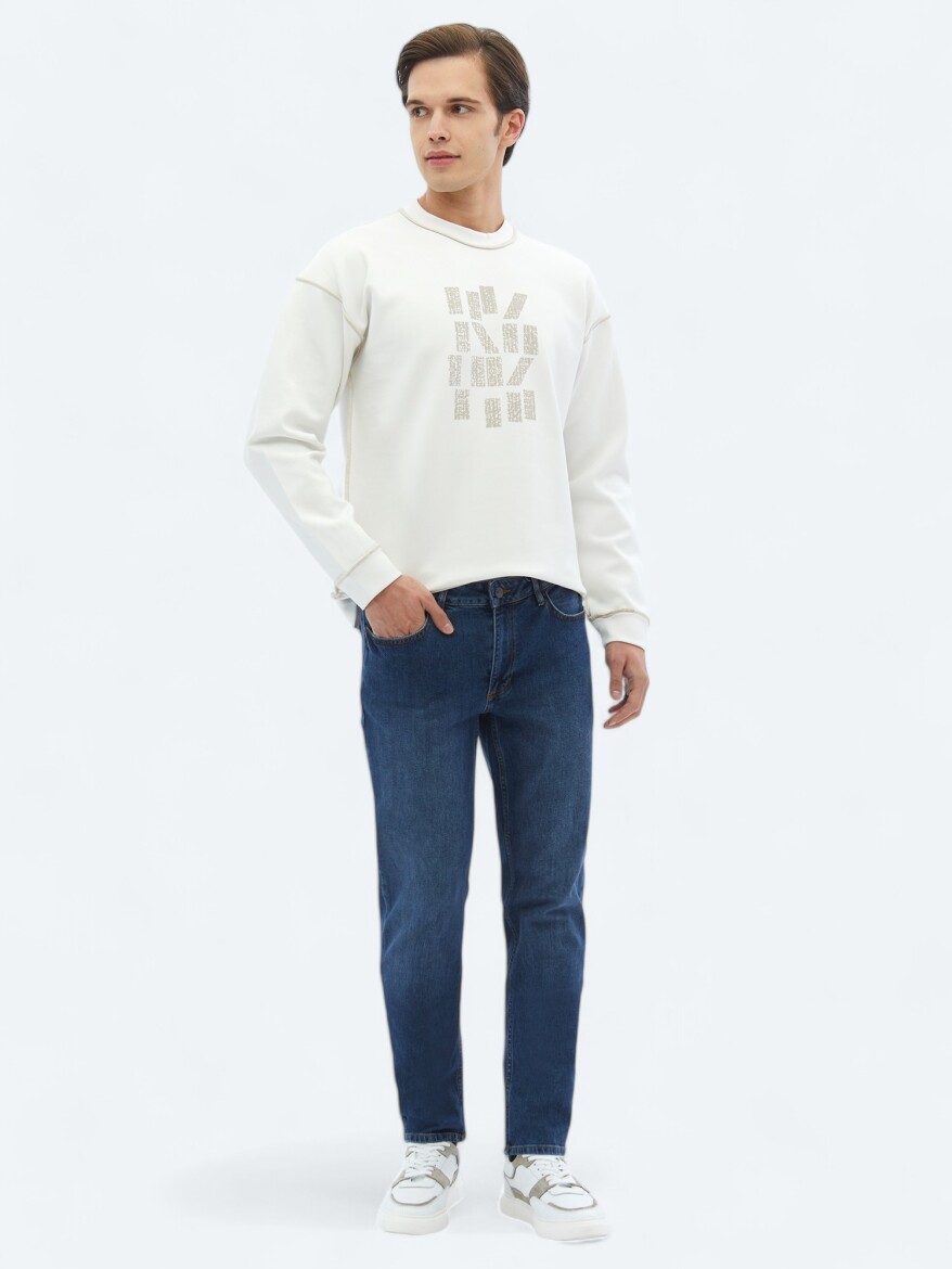 Ecru Crew Neck Printed Double-Sided Sweatshirt - 3