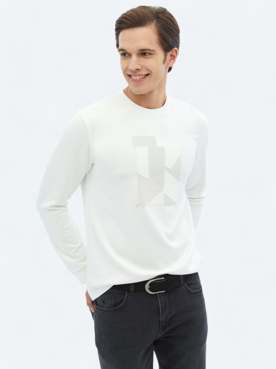 Ecru Crew Neck Printed Sweatshirt - 1