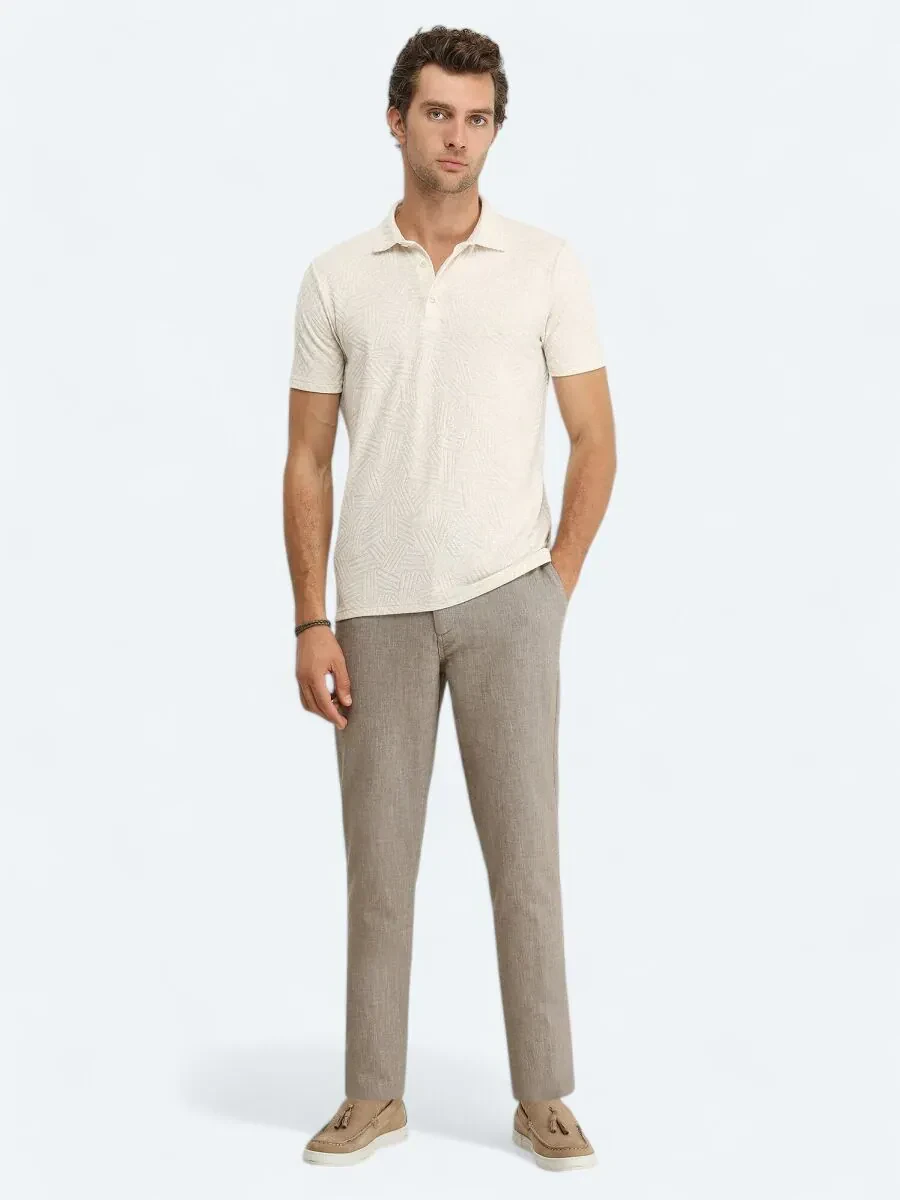 Ecru Jacquard Polo Neck Cotton Blended T-Shirt - 2