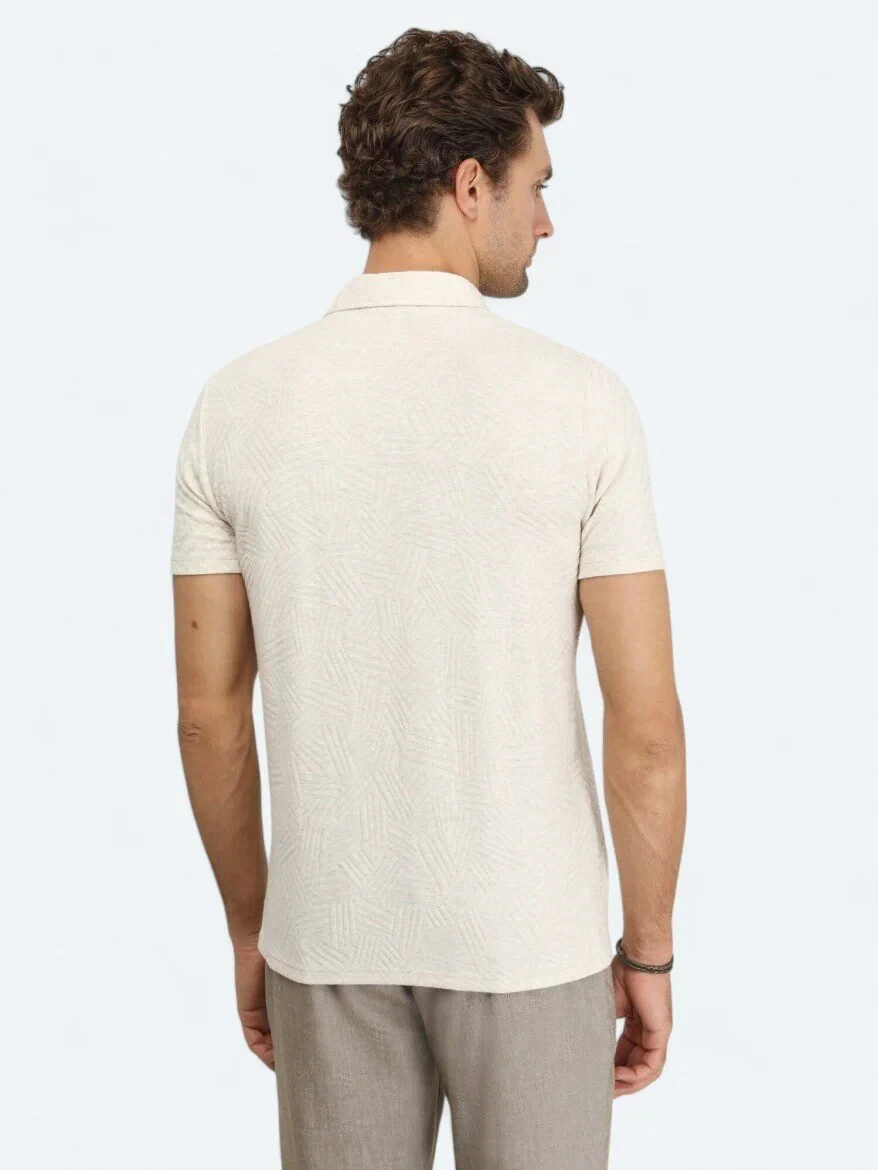 Ecru Jacquard Polo Neck Cotton Blended T-Shirt - 5