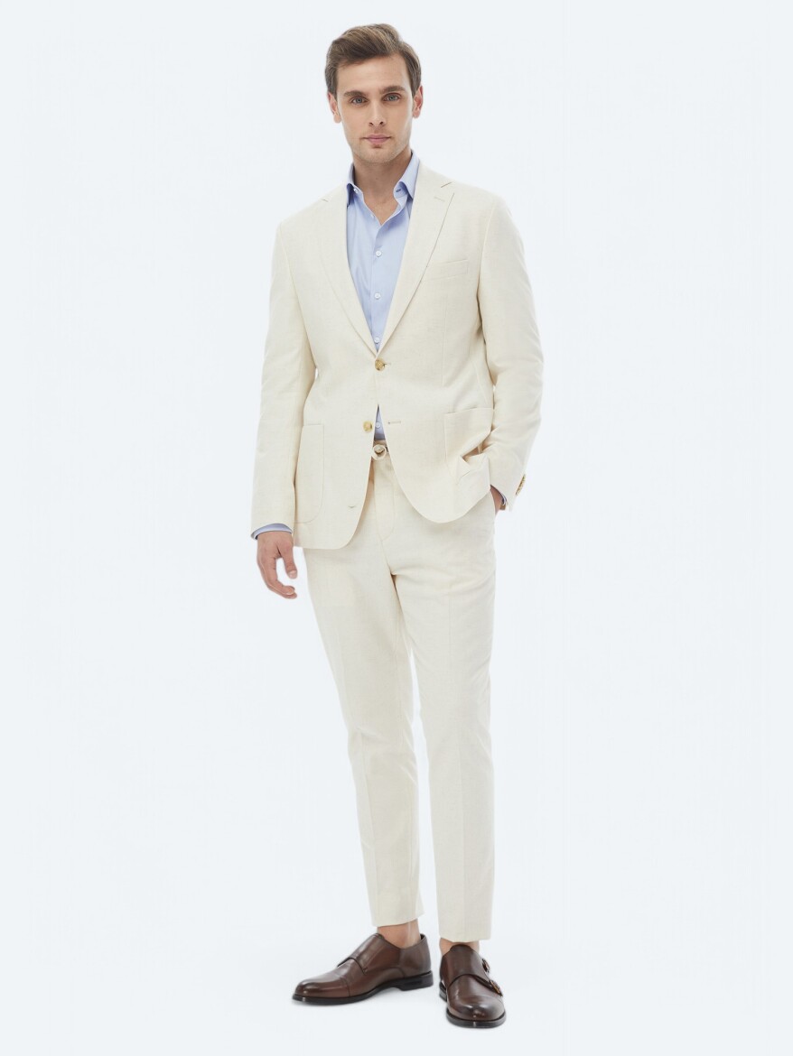 Ecru Patterned Modern Fit Cotton Blended Suit - 2