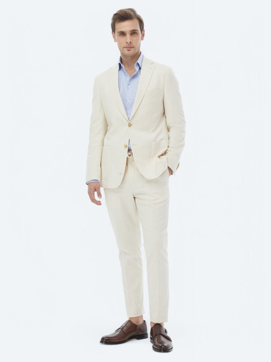 Ecru Patterned Modern Fit Cotton Blended Suit - 2