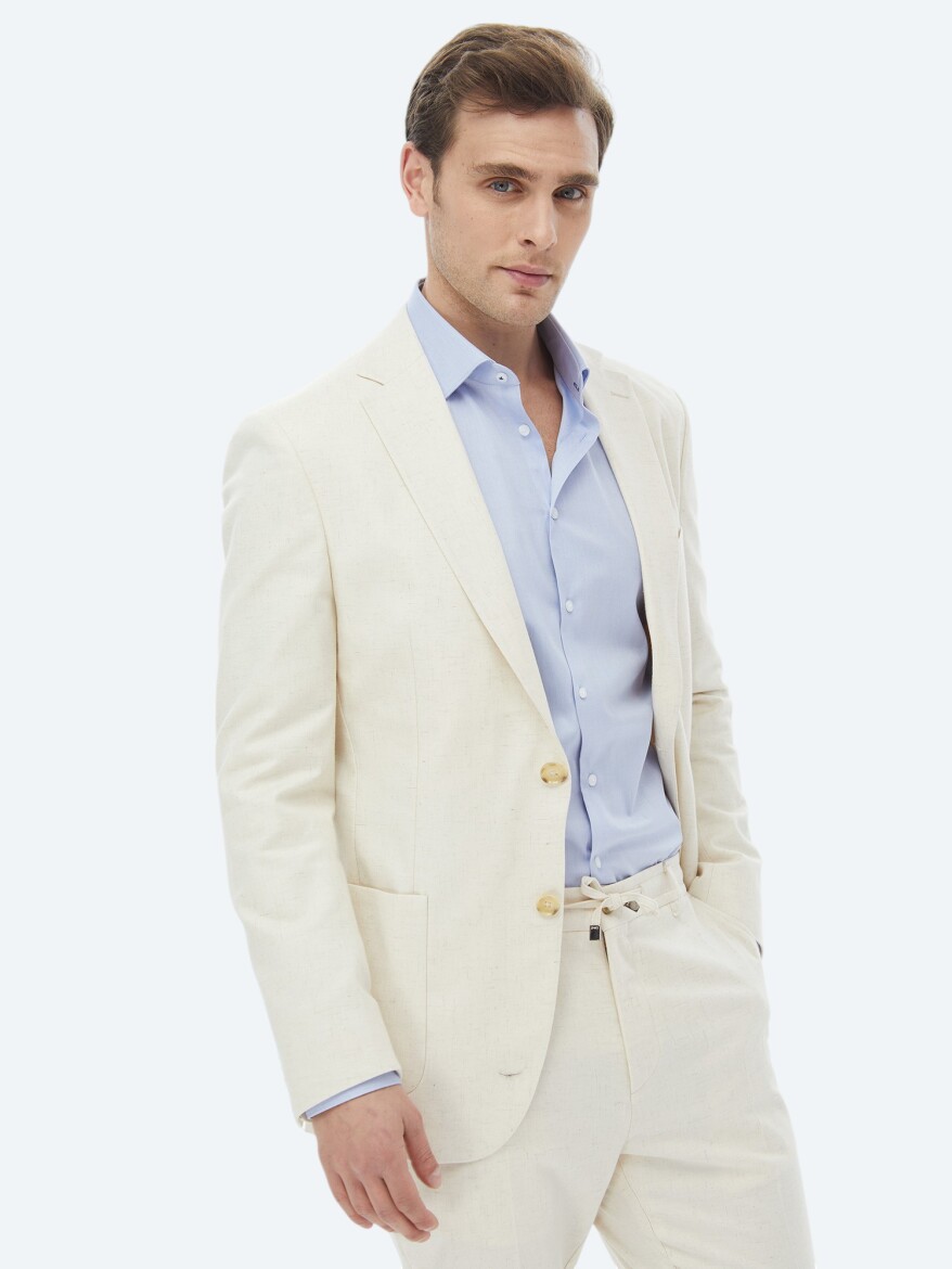 Ecru Patterned Modern Fit Cotton Blended Suit - 4