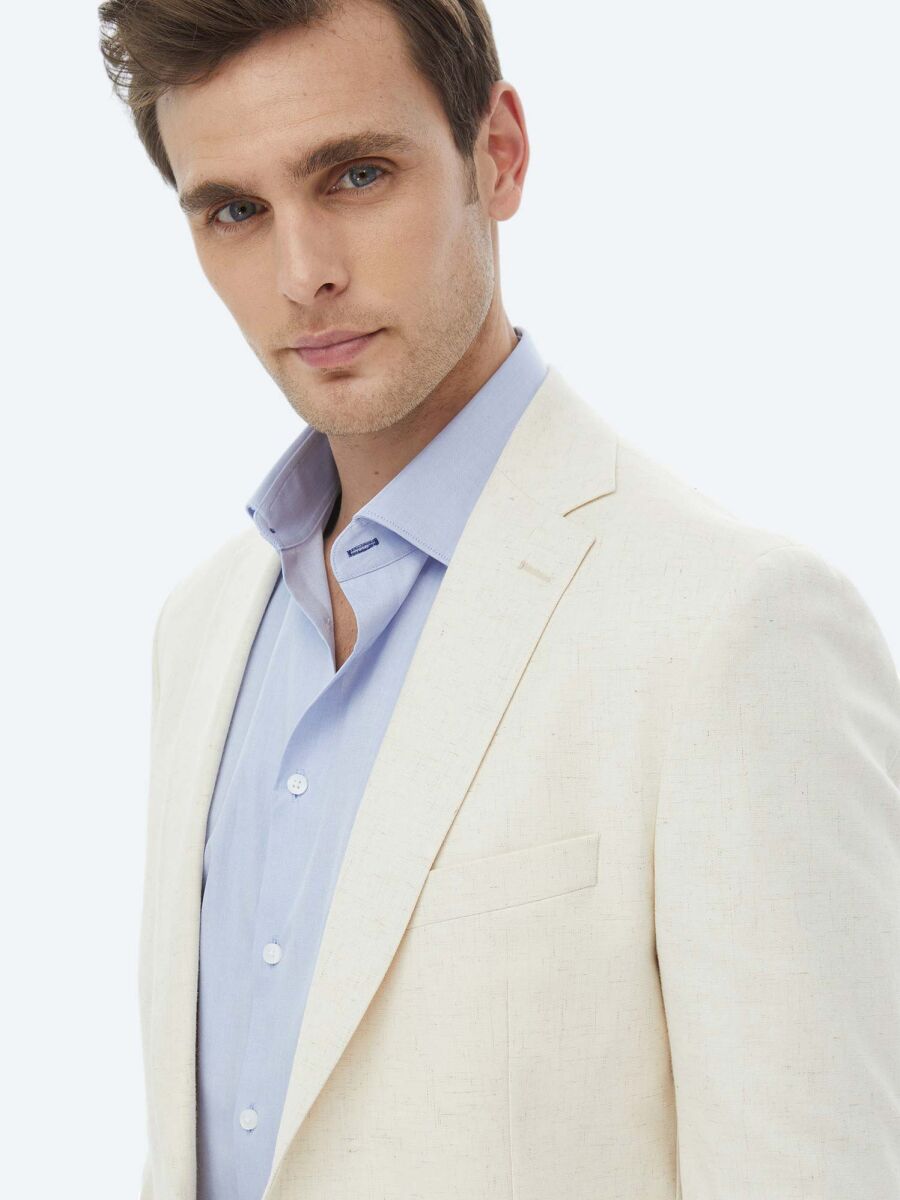 Ecru Patterned Modern Fit Cotton Blended Suit - 7