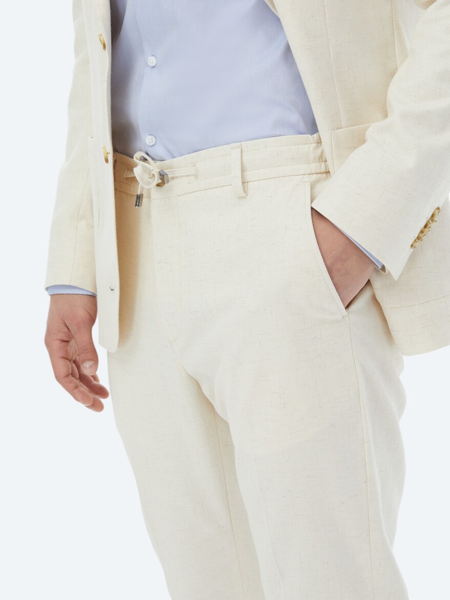 Ecru Patterned Modern Fit Cotton Blended Suit - 9
