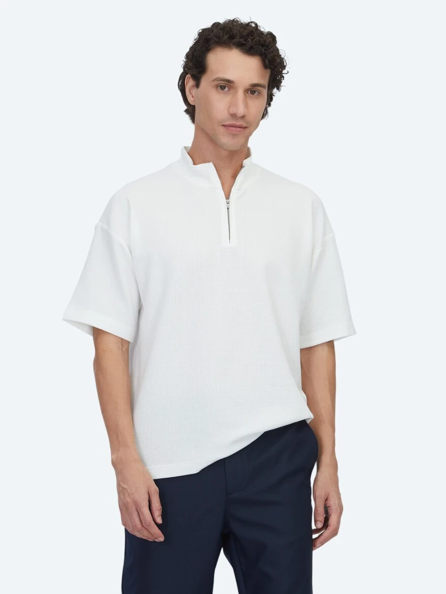 Ecru Patterned Turtleneck T-Shirt - 1