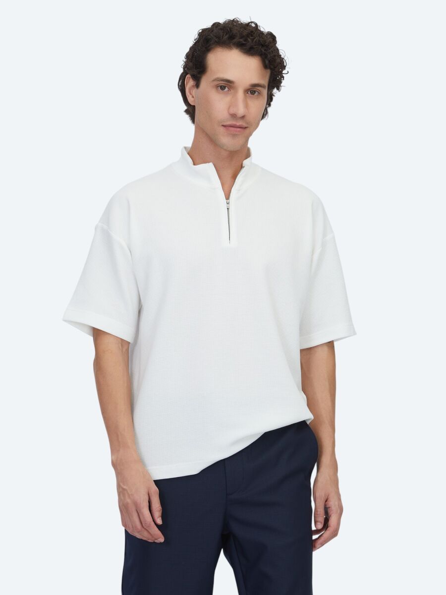 Ecru Patterned Turtleneck T-Shirt - 1