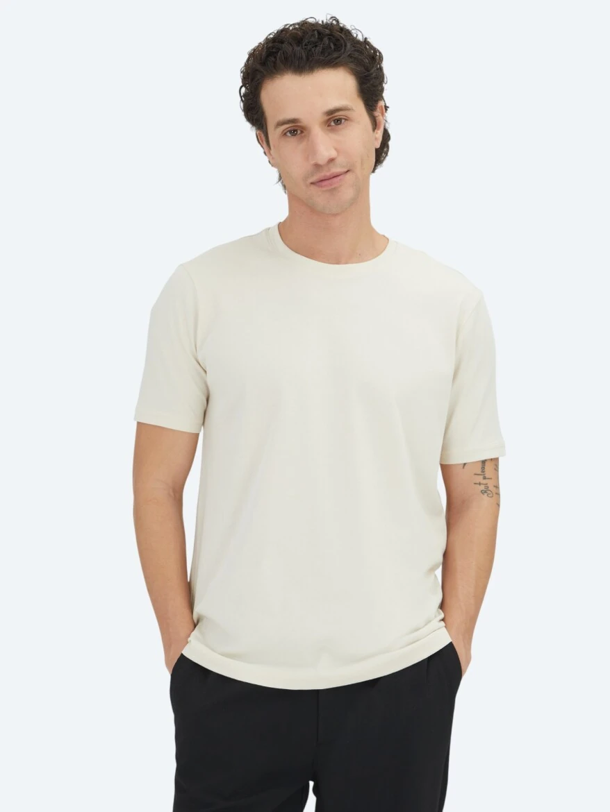 Ecru Plain Crew Neck 100% Cotton T-Shirt - KİP