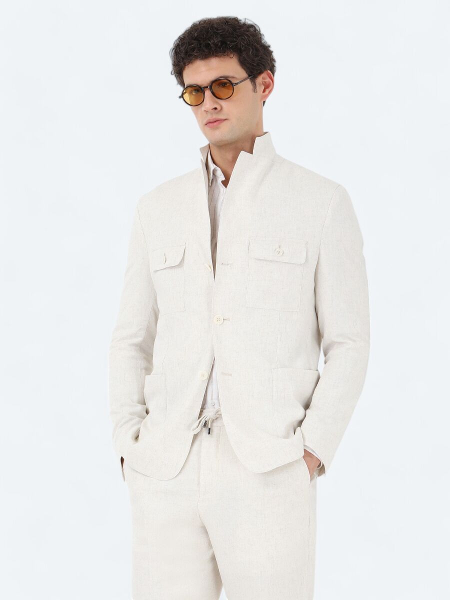 Ecru Plain Modern Fit Linen Blended Suit - 1