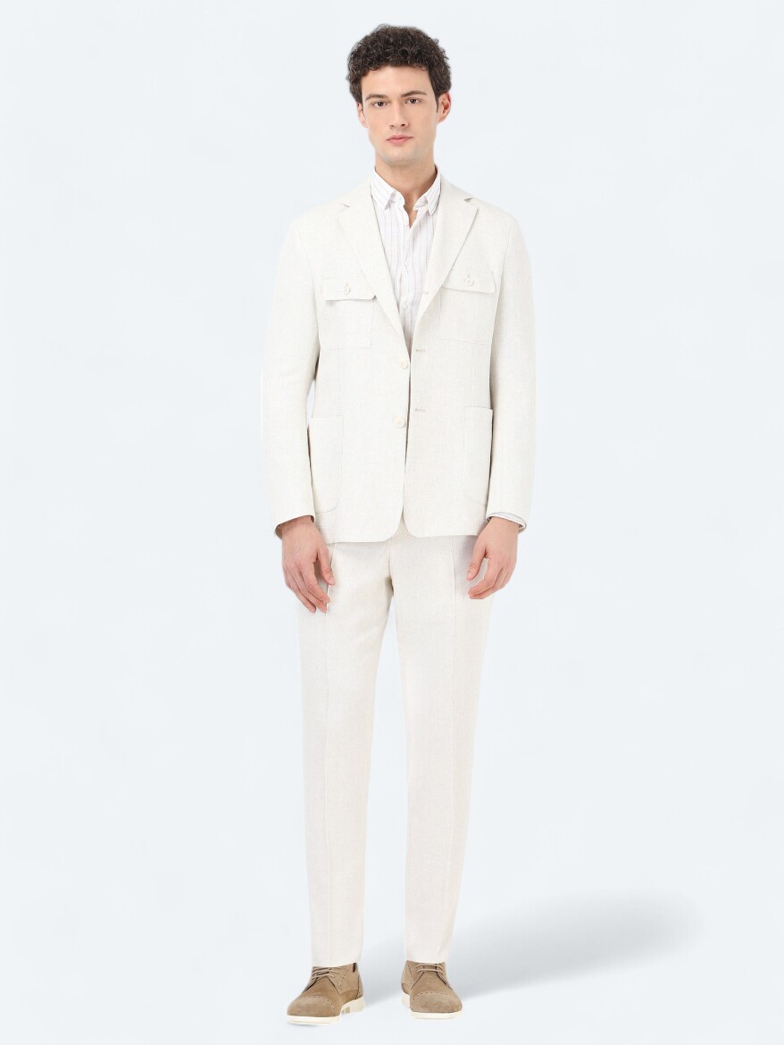 Ecru Plain Modern Fit Linen Blended Suit - 3