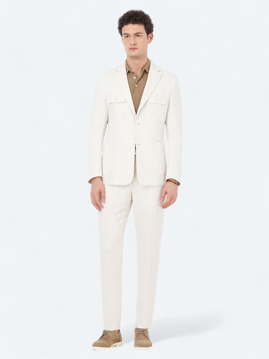 Ecru Plain Modern Fit Linen Blended Suit - 4