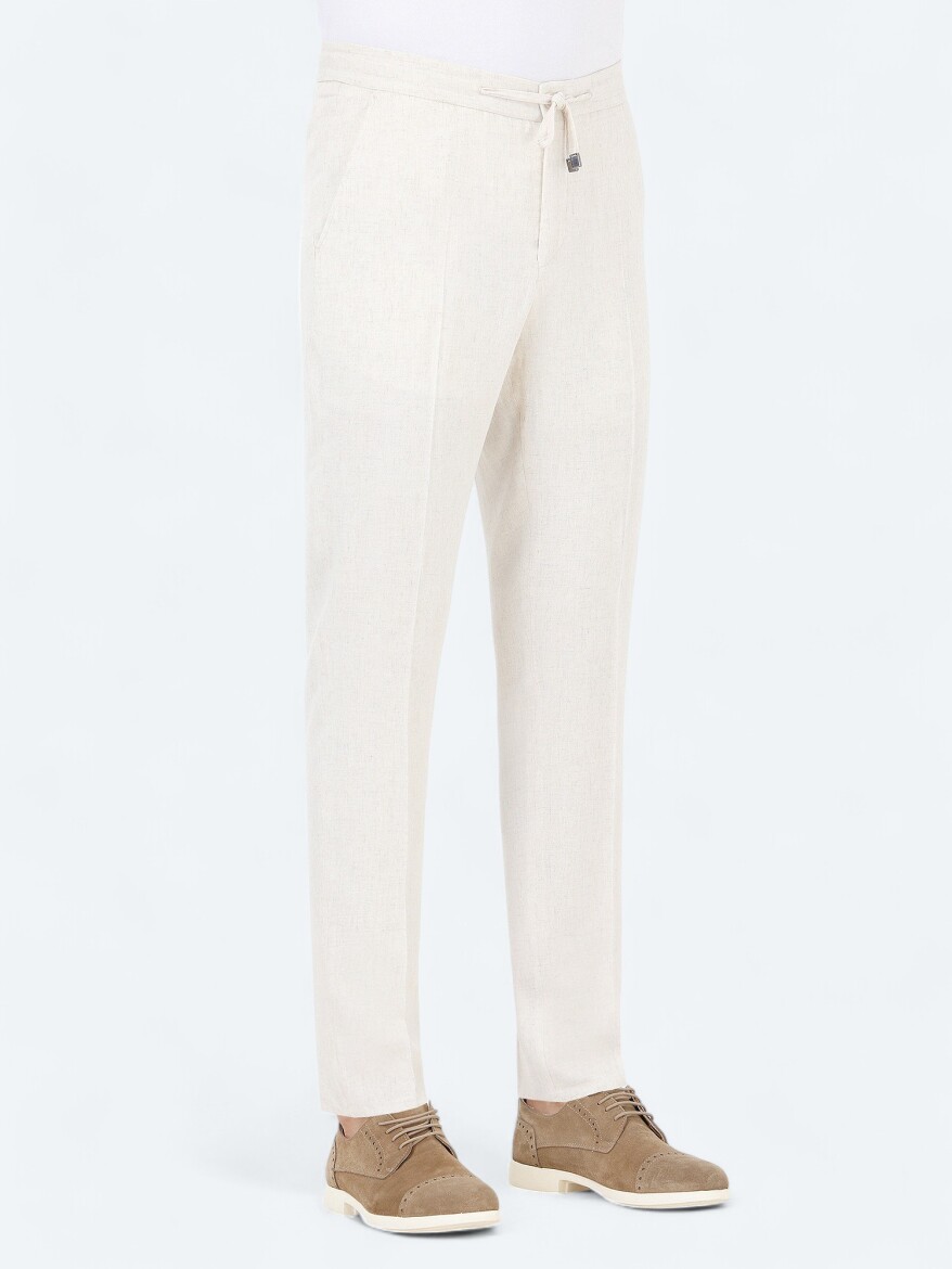 Ecru Plain Modern Fit Linen Blended Suit - 7