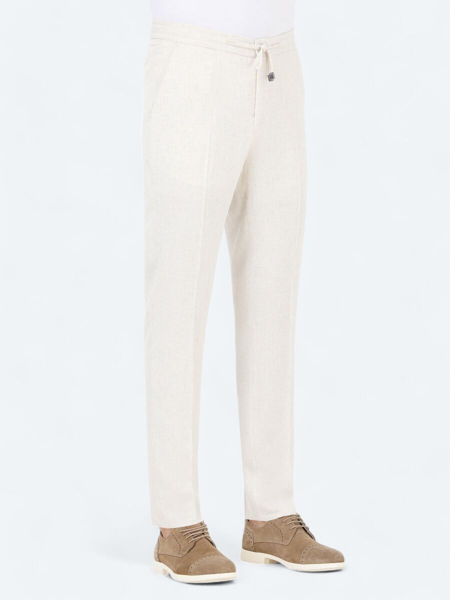 Ecru Plain Modern Fit Linen Blended Suit - 7