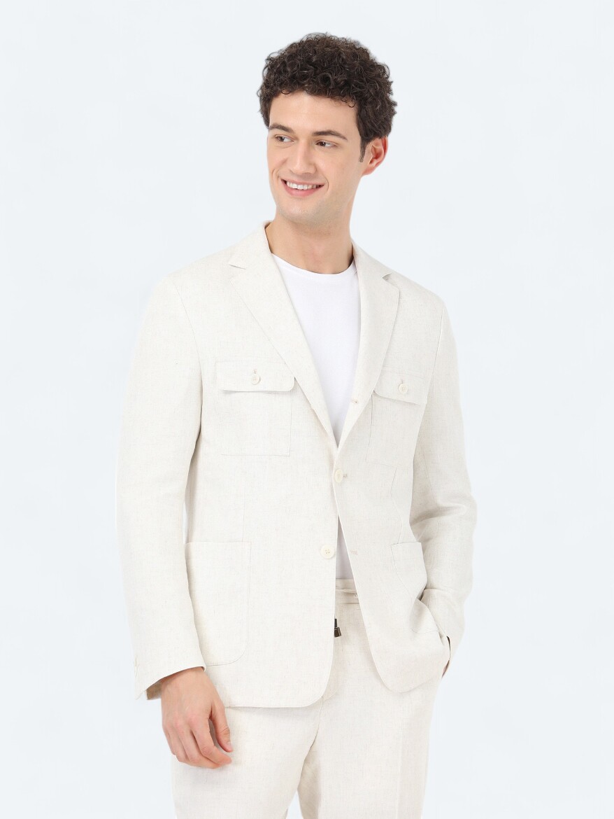 Ecru Plain Modern Fit Linen Blended Suit - 9