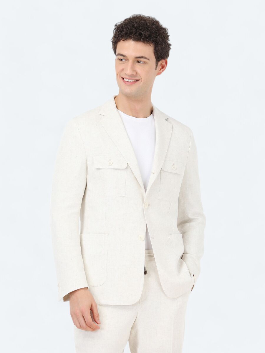 Ecru Plain Modern Fit Linen Blended Suit - 9