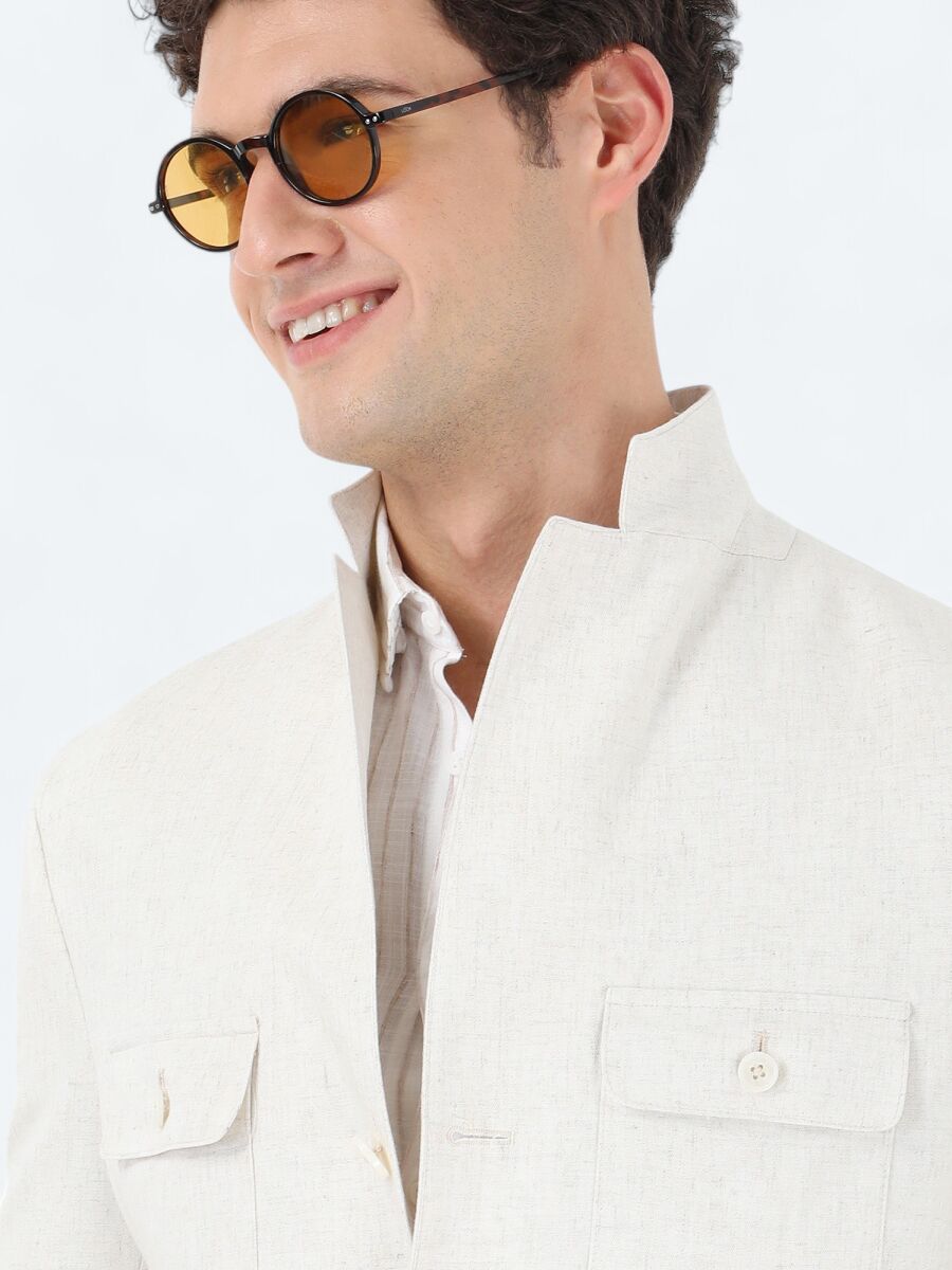 Ecru Plain Modern Fit Linen Blended Suit - 10