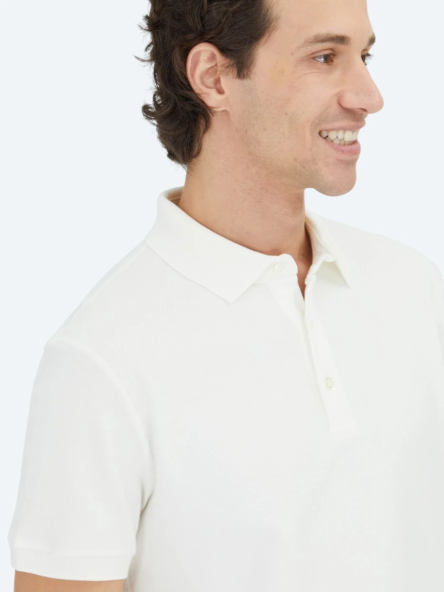 Ecru Plain Polo Neck 100% Cotton T-Shirt - 3